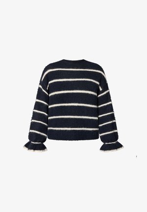 Marineblå sweater med lodden overflade, horisontale hvide striber og udslåede ærmekanter med hvid kant, vist på en hvid baggrund.
