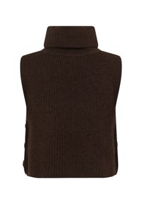 Smeđa rebrasta bezrukavna turtleneck vest sa visokim ovratnikom, koja se odlikuje prilagođenim dizajnom i teksturiranim pletenim uzorkom.