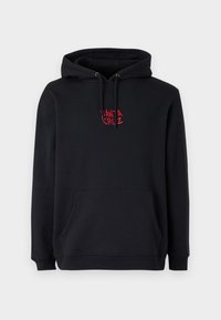 Melnas sporta kapuci, izgatavota no kokvilnas maisījuma, ar priekšējo kabatu, regulējamu auklu kapuci un sarkanu izšuvumu "SANTA CRUZ" logo.