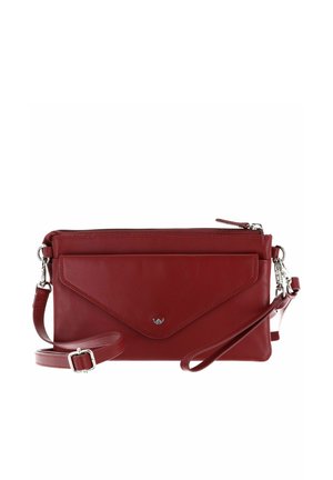 Red leather crossbody bag with front flap pocket, silver hardware, zipper closure, and adjustable strap against white background.