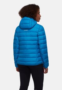 Doudoune bleue avec des coutures horizontales, capuche attachée et détail de logo au dos. Fabriquée à partir d'un matériau léger et brillant.