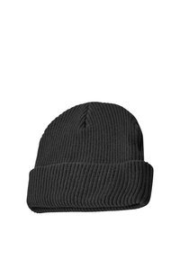 Black ribbed knit beanie featuring a turned-up cuff, made from soft, stretchable material, showcasing vertical ribbing texture.