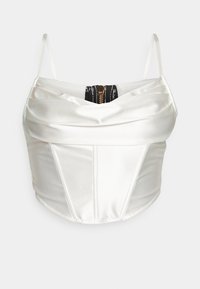 Top corto in satin bianco con scollatura drappeggiata, spalline sottili e cuciture verticali. Dettagli in zip nera sulla parte posteriore per un tocco di contrasto.
