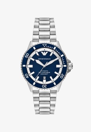 Automatische Edelstahl-Uhr mit blauem Zifferblatt, drehbarer Lünette, silbernen Akzenten und einem Datumsfenster auf 6 Uhr. Wasserdicht bis 200 m.