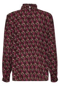 Langarmbluse aus dunkelbraunem Stoff mit einem Blumenmuster in Pink und Creme. Verfügt über einen hohen Kragen und einen Schlüsselrückenverschluss.