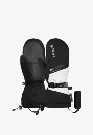 Muffole isolate in bianco e nero con un esterno in softshell, palmo in pelle, polsino elastico, cinturino regolabile e cordini per stringere.