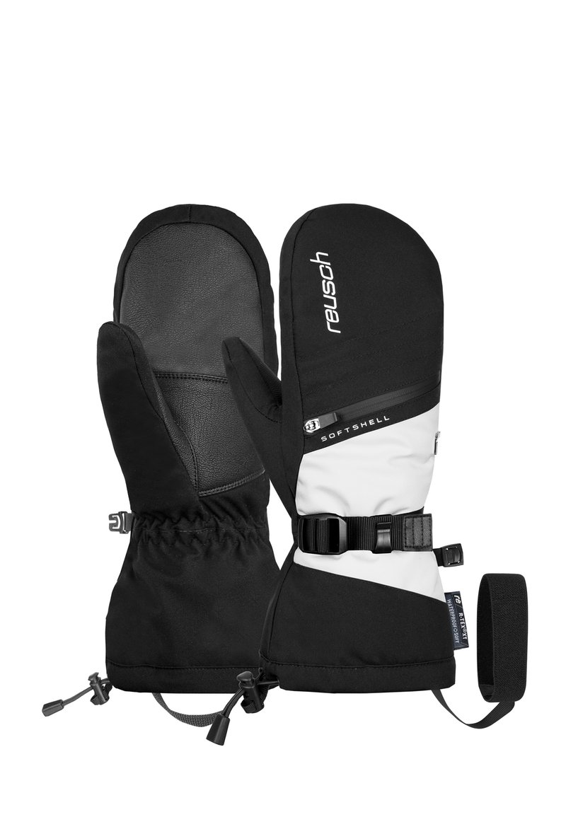 Black and white insulated mittens with a softshell exterior, leather palm, elastic wrist, adjustable strap, and pull cords for tightening.