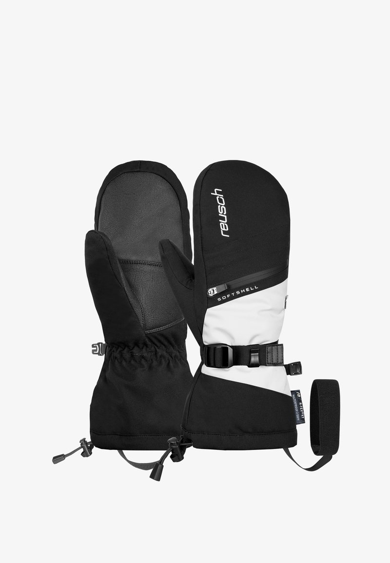 Moufles isolées noire et blanche avec un extérieur en softshell, paume en cuir, poignet élastique, sangle ajustable et cordons de traction pour le serrage.