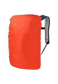 Oranje rugzak van een glad, lichtgewicht stof. Heeft gevoerde schouderbanden met grijze mesh voering en een rechthoekige vorm.