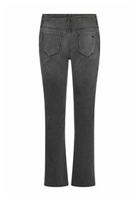 Jeans de denim negro con corte recto, cinco bolsillos y un sutil detalle de costura en el bolsillo trasero. Tejido de peso medio con ligera textura.