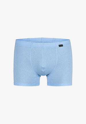 Hellblaue Herren-Boxershorts mit Frontbeutel und kleinem schwarzem Markenetikett auf der rechten Seite des Taillenbunds, dargestellt auf weißem Hintergrund.