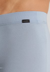 Ljusblått stretchmaterial med en mjuk textur. Inkluderar en svart "HANRO" logotag på midjebandet. Enkel, sömlös design.