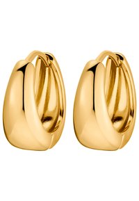 Goldfarbene Creolen mit einem glatten, runden Design und einer polierten Oberfläche sowie subtilen Überlappungen für einen eleganten Look.