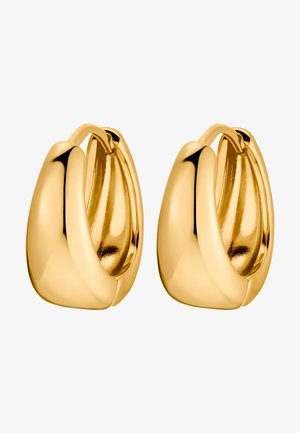 Złote kolczyki w kształcie obręczy z gładkim, zaokrąglonym wzorem, z wypolerowaną powierzchnią i subtelnymi nakładającymi się kształtami, tworząc elegancki wygląd.