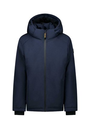Donkerblauwe gewatteerde winterjas met volledige ritssluiting aan de voorkant, hoge kraag, aangehechte capuchon en zwarte binnenmanchetten bij de polsen.