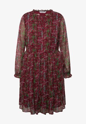 Langærmet, bordeauxkjole med et geometrisk mønster i grøn, hvid og blå. Har en bølget halsudskæring og en samlet talje.