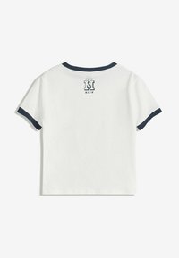 White cotton t-shirt with a navy blue crew neck and sleeves. Features a print on the back reading “PREP M MEOW.” Short sleeves, relaxed fit.