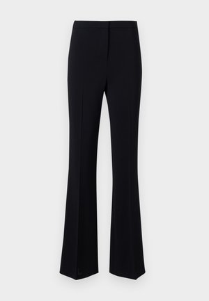 Black flared trousers with a smooth texture, featuring a fitted waist and a clean design. No visible patterns or hardware details.