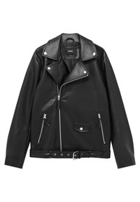 Chaqueta de motociclista de cuero negro con cuello con muescas, cierre frontal con cremallera, bolsillos laterales y cintura con cinturón y detalles de botones a presión.