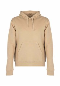 Felpa beige realizzata in tessuto morbido, con tasca a marsupio, cappuccio con cordino e polsini a coste. Design pullover semplice.