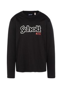 Camiseta negra de manga larga hecha de algodón. Presenta un destacado logo blanco "Schott" y "N.Y.C" en rojo. Cuello redondo y corte estándar.
