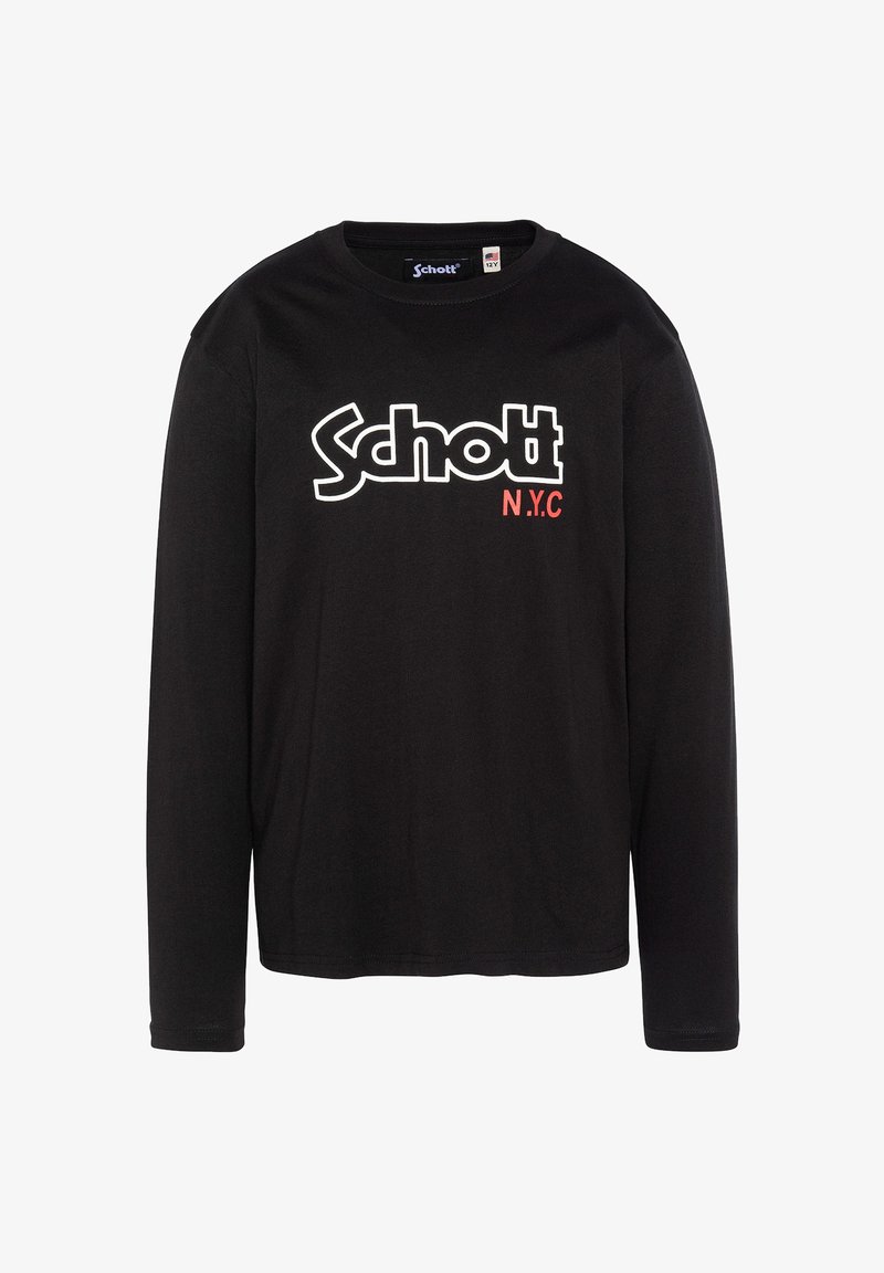 Camiseta negra de manga larga hecha de algodón. Presenta un destacado logo blanco "Schott" y "N.Y.C" en rojo. Cuello redondo y corte estándar.