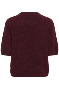 Pull en tricot bordeaux en peluche à manches courtes et encolure ras du cou, présenté de dos.