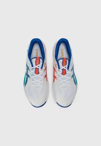 White athletic shoes with a mesh upper, featuring blue, red, and green accents, and a textured sole. Laces are white with silver detailing.