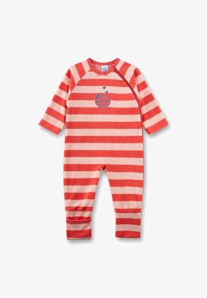 Rot- und rosa gestreifter Baby-Strampler mit langen Ärmeln, seitlichem Reißverschluss und einer blauen Marienkäfer-Grafik mit Herzen auf der Brust.