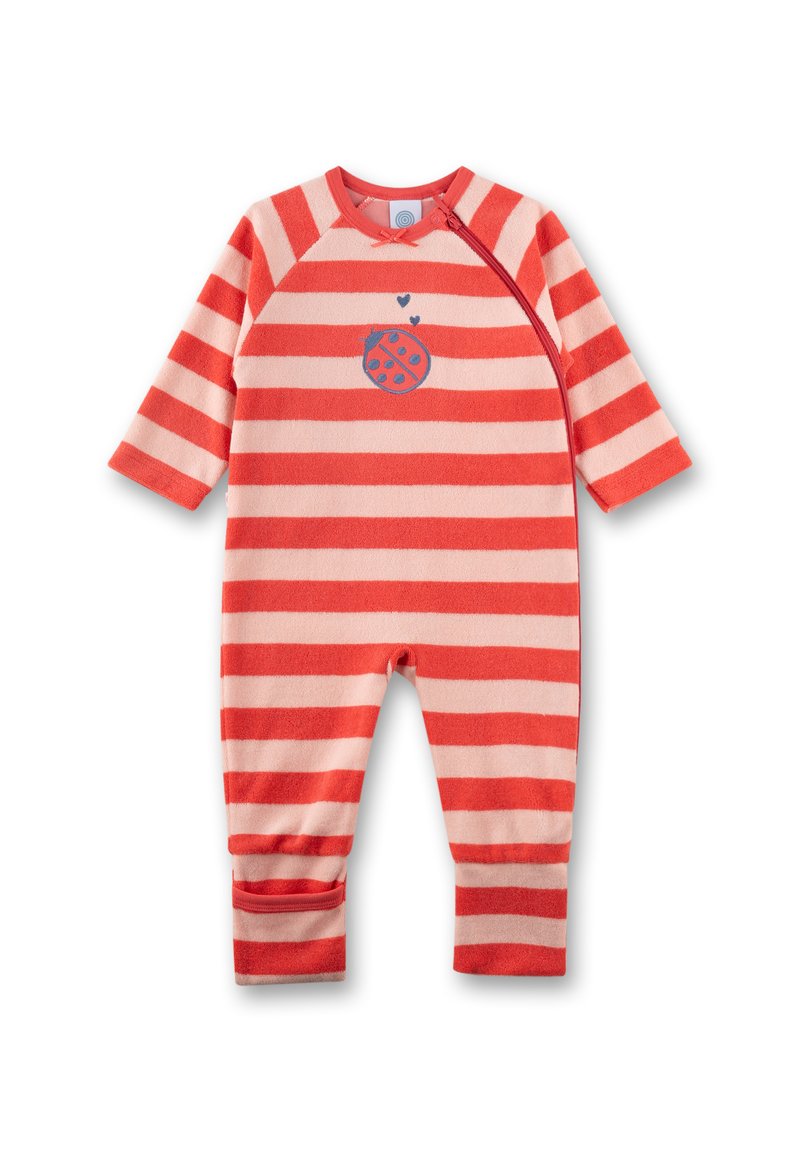 Red and pink striped long-sleeve baby romper with a side zipper and a blue ladybug graphic with hearts on the chest.