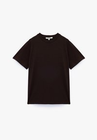 Sort kortærmet T-shirt lavet af glat bomuldsstof. Klassisk crew-neck design med lige snit og uden synlige mønstre eller accenter.