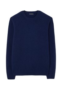 Marineblauer Strickpullover mit geripptem Rundhalsausschnitt, strukturierter Oberfläche sowie gerippten Bündchen und Saum, der ein lässiges und gemütliches Design bietet.