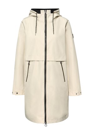 Béžový plášť do deště po kolena s kapucí, černým zipem na celé délce, dvěma předními kapsami na zip, nastavitelnými manžetami rukávů a stahovacími šňůrkami na kapuci.