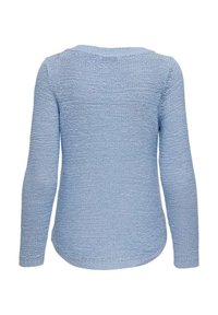Maglione lavorato a maglia di colore azzurro chiaro con una trama a coste, maniche lunghe e orlo arrotondato. Il retro presenta una finitura cucita discreta.