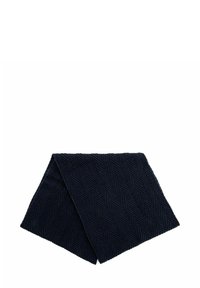 Granatowy szalik w wzór jodełki wykonany z miękkiego materiału, starannie złożony, aby ukazać swoją teksturowaną strukturę i odszyte krawędzie.