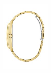Gold-tone metal watch with a rectangular case, smooth texture, linked bracelet design, and a silver-tone clasp detail.