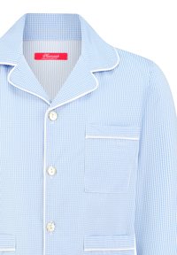 Helleblaue Karo-Schlafanzugoberteil mit Kragen, weißen Paspelierungen, drei Knöpfen und einer Brusttasche. Weicher Stoff mit angenehmer Textur.
