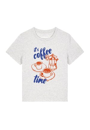 Light gray t-shirt with orange sketch of coffee cups and pot and blue text saying "it's coffee time" on front.