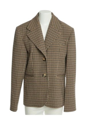 Brown and black checkered blazer with notch lapels and two front buttons on a white mannequin torso.