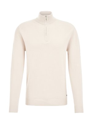 Sudadera de color beige claro con un cuello de media cremallera, puños y bajo de canalé, que presenta un patrón de punto texturizado y un pequeño acento de logo.