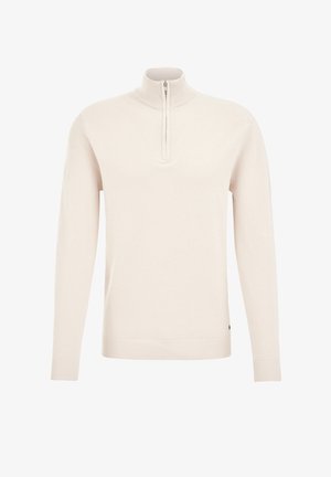 Hellbeige Pullover-Sweatshirt mit halbem Reißverschlusskragen, gerippten Bündchen und Saum, versehen mit einem strukturierten Strickmuster und einem kleinen Logo-Detail.