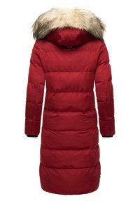 Red puffer coat with a fur-trimmed hood, featuring quilted sections and elastic cuffs. Smooth texture, knee-length design, and logo detail.