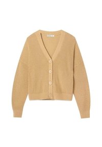 Beżowy sweter narzutowy z dekoltem w serek, pięcioma guzikami z przodu oraz ribbowymi mankietami i dołem. Krótki, luźny krój z fakturowanym wzorem.