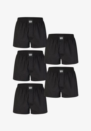 Schwarze Baumwollboxershorts mit elastischem Bund und einem Frontverschluss. Glatte Textur, schlichtes Design und keine sichtbaren Muster oder Akzente.