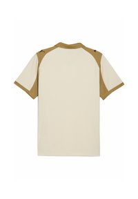 Kurzarmhemd in Creme mit braunen Akzenten an Schultern und Kragen; aus einem glatten, leichten Stoff; mit Logo auf dem Rücken.
