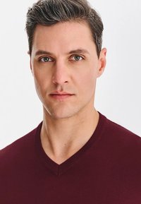 Burgundowy sweter z dekoltem w serek, miękka faktura, dopasowany krój. Mężczyzna z krótkimi, jasnobrązowymi włosami i niebieskimi oczami, neutralny wyraz twarzy, jednolite białe tło.