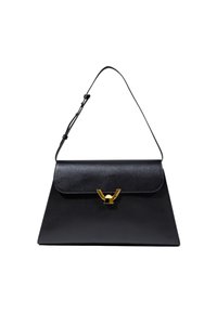 Borsa a tracolla in pelle nera con un design strutturato, caratterizzata da una chiusura centrale dorata lucida e una tracolla regolabile.