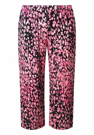 Spodnie o szerokich nogawkach z elastycznym pasem, z różowo-czarnym abstrakcyjnym wzorem zwierzęcym.