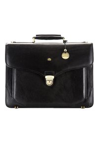 Černá kožená aktovka s elegantním obdélníkovým designem, zlatým kováním, horním držadlem a přední sponou s logem.