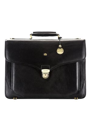 Black leather briefcase with a sleek rectangular design, gold-tone hardware, top handle, and a front clasp featuring a logo.